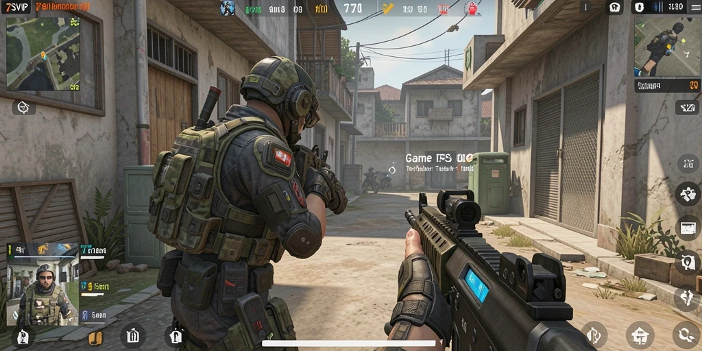 Menggambarkan aksi seru di medan perang video game FPS.