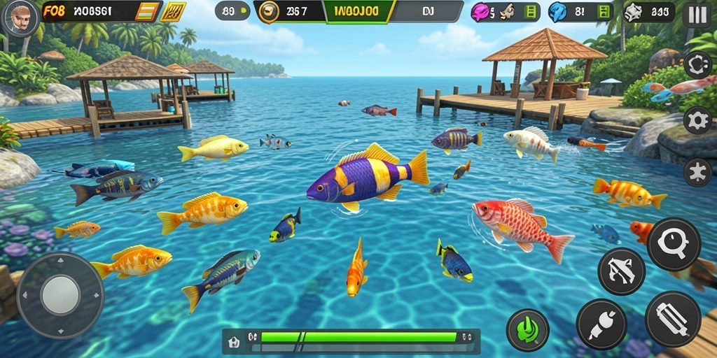 Screenshot utama FO8 menampilkan aksi seru menembak ikan.