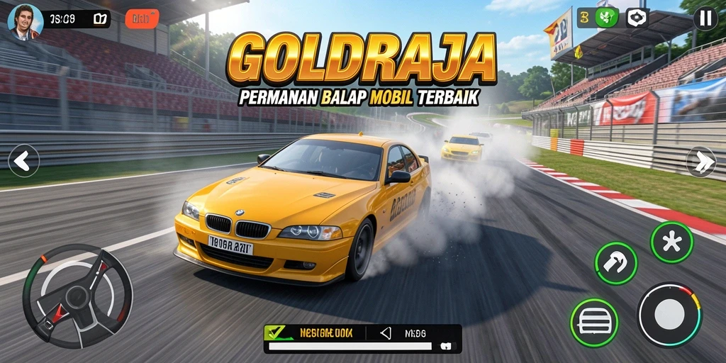 Tampilan gameplay GOLDRAJA yang mendebarkan dengan aksi balap seru.
