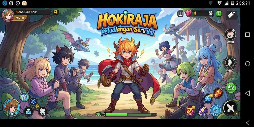 Gambaran gameplay HOKIRAJA dengan karakter anime yang mengesankan.