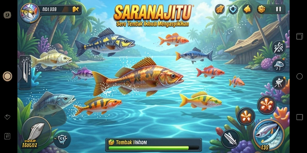 Screenshot gameplay SARANAJITU menampilkan aksi menembak ikan yang seru.