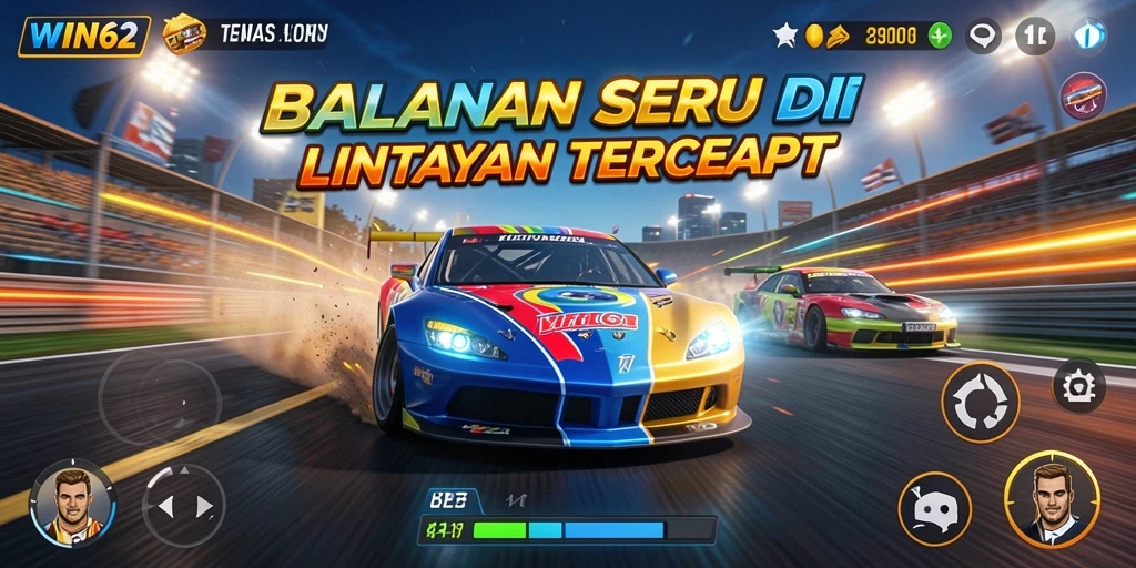 Tangkapan layar gameplay WIN62 menampilkan balapan yang mendebarkan dan mobil cepat.